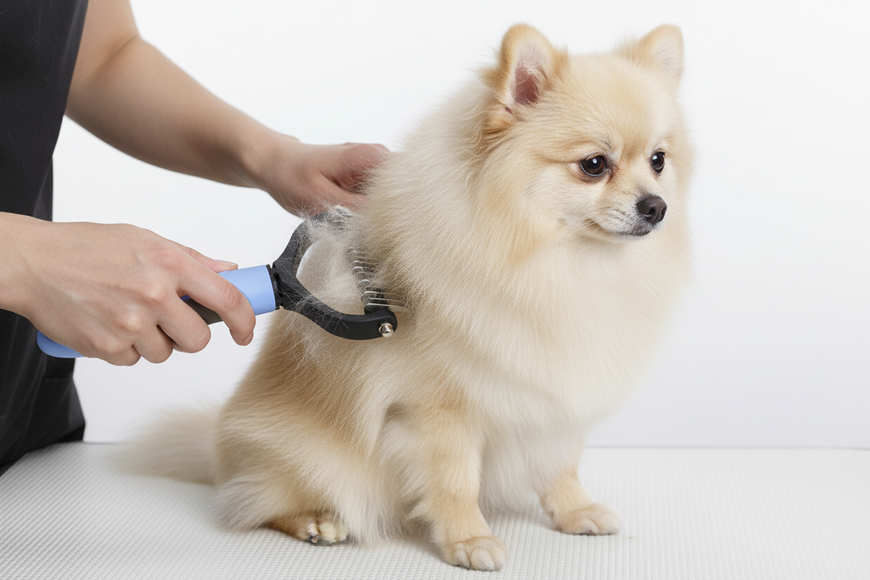 Close-up grooming Pomeranian on grooming table